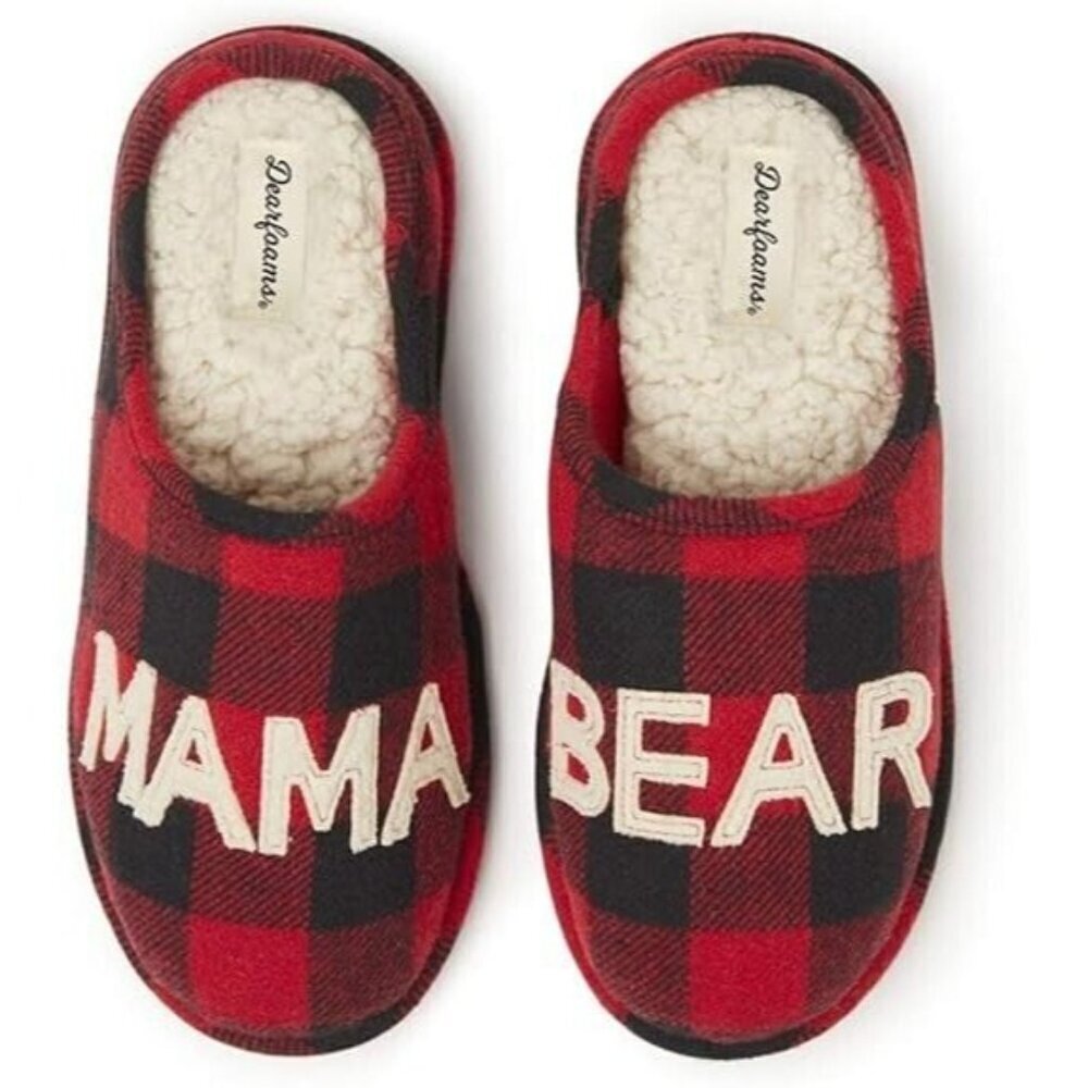 Dearfoams Women’s Christmas‎ Gifts Mom Cute Red Plaid NEW 7-8 Mama Bear Slippers